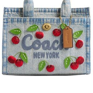 Coach Blue Denim Tote with Cherry Embroidery